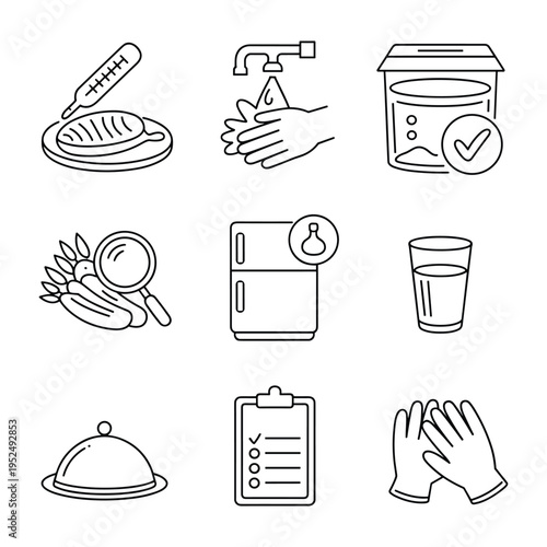 Food safety and hygiene inspection icons, kitchen and health symbols