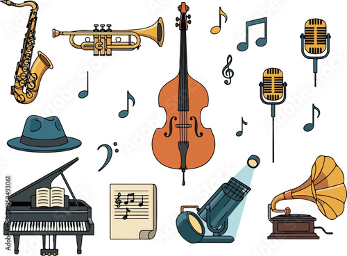 Collection of vintage musical instruments and jazz elements