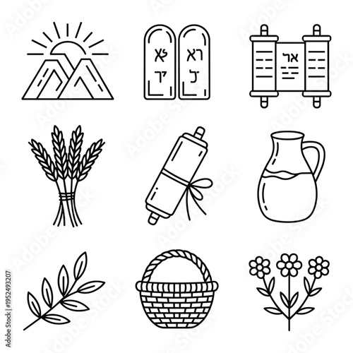 Jewish heritage icons set with mountain sunrise torah tablets and basket