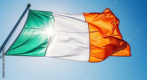 Ireland Flag Waving Against Sunny Blue Sky