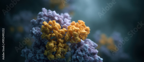 Microscopic view of complex molecular structure showing intricate detail and dramatic lighting giving sense of scientific discovery with colorful protein formations blue and yellow hues against