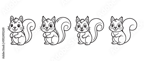 Cute Cartoon Squirrel Outline Illustration, Standing and Smiling, Black and White Line Art on White Background.