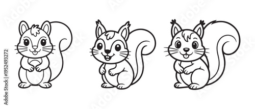 Cute Cartoon Squirrels Outline Set for Coloring Book Friendly Forest Animals Illustration on White Background.