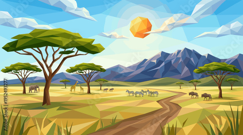 A vibrant, low-poly illustration of an African savanna, with elephants, zebras, and giraffes grazing peacefully under a geometric sun and mountains.