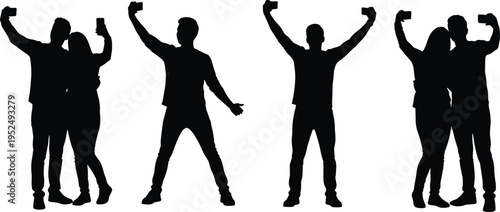 Friends taking selfies silhouette set showing group and solo smartphone photography poses, social media lifestyle, fun moments and modern communication concept
