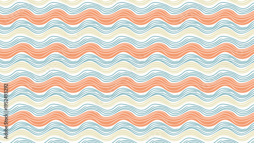 A seamless pattern featuring alternating horizontal wavy lines in pastel shades of blue, orange, and cream, creating a gentle and rhythmic design.