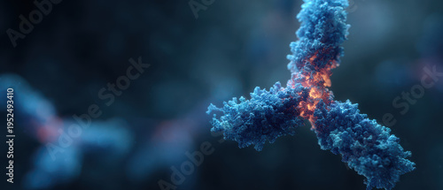 Dramatic glowing blue antibody protein molecule in microscopic biology science medical view showing complex immune system health defense with fascinating scientific structure detail