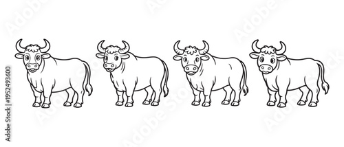 Cute cartoon oxen standing in a line, an adorable black and white line art illustration on a clean white background.