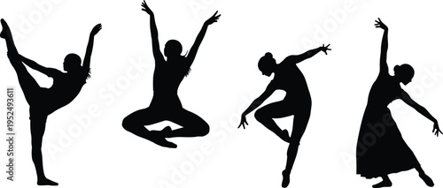 Ballet dancer silhouette poses set, graceful female ballet movement collection, classical dance performance isolated vector illustration pack