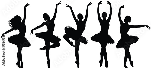 Ballet dancer silhouettes collection, graceful ballerina performing classical dance poses, elegant ballet performance concept isolated on white background illustration
