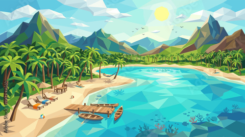 A vibrant, low poly illustration of a secluded tropical beach paradise with mountains, palm trees, and clear turquoise water, evoking a relaxing and peaceful vacation getaway.
