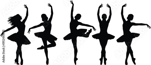 Ballet dancer silhouettes set, graceful ballerina performing classical dance poses, elegant ballet performance concept isolated on white background illustration