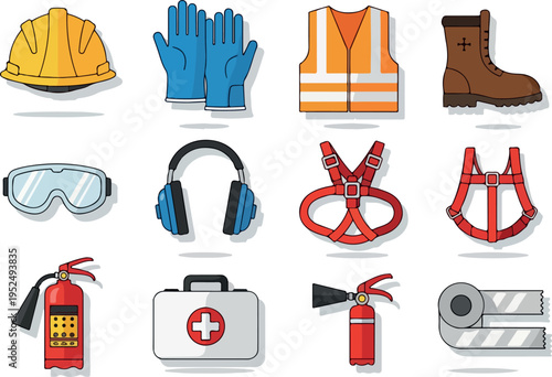 Set of safety and protective equipment icons for work environments and construction sites