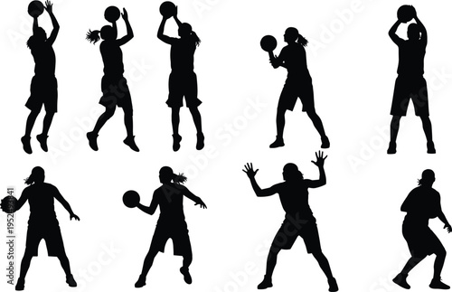 Basketball player silhouettes set, female athlete dribbling shooting and defending poses collection, sport action figures isolated vector
