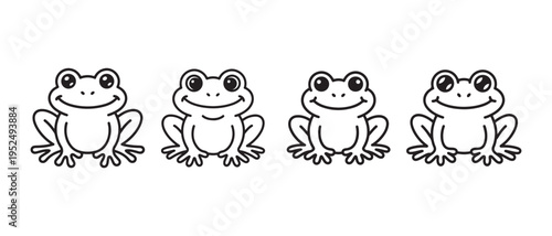 Cute Cartoon Frogs Isolated on White Background, Simple Smiling Line Art Amphibian Illustration for Children.