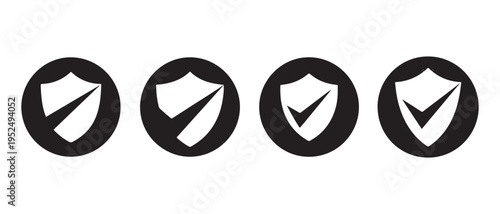 Set of Four Black Shield and Checkmark Icons. on White for Security and Verification Concepts.
