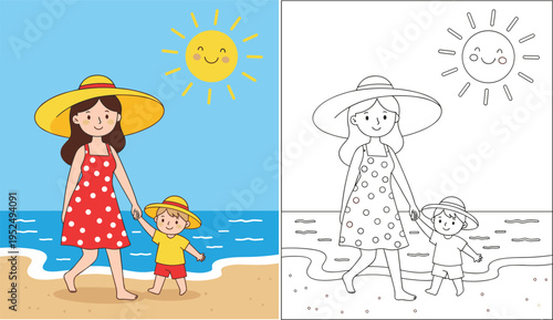 Mother and son walking on beach coloring page set with colorful cartoon illustration and black white line art vector for kids