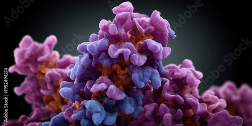 Fascinating microscopic biology molecule science illustration featuring complex purple structure. Abstract organic protein cell floating in dark dramatic background showing intricate detail