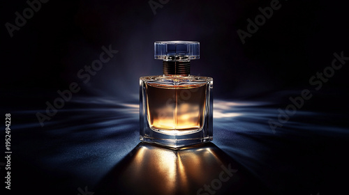 Luxury perfume-style cosmetic bottle on black glossy surface with dramatic lighting, premium branding concept