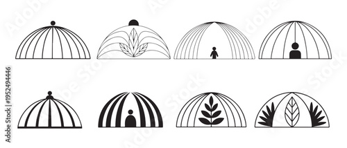 Minimalist Black and White Dome Icons Representing Modern Architecture, Nature, and Human Interaction.