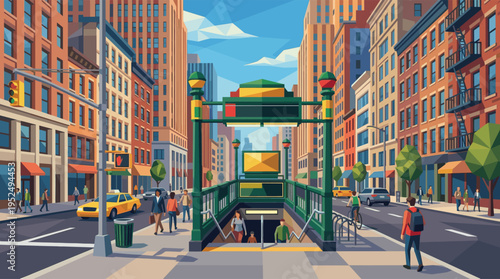 A vibrant, stylized vector illustration of a bustling city street, where people commute via a central subway entrance on a sunny day.