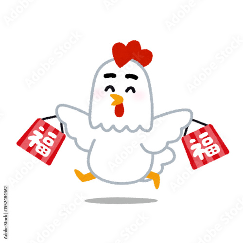 Cheerful chicken holding lucky bags, perfect for festive and celebration designs