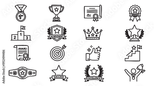 Black and white line drawing achievement icons set with stars and laurels in simple minimalist style for business and sports awards