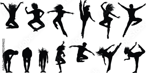Dancing and jumping people silhouette collection, energetic men and women performing dynamic dance moves, celebration and music concept set