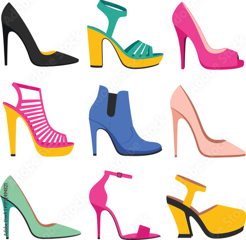 Collection of colorful high heel shoes, fashion footwear illustration set, modern women style pumps, sandals, stilettos, trendy vector design bundle