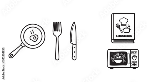 Cooking utensils and cookbook in minimalist line art for recipe blog