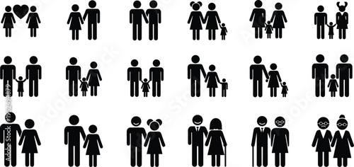 Diverse family icons set, black silhouette parents children couples grandparents, inclusive relationships parenting generations love lifestyle social diversity flat design collection