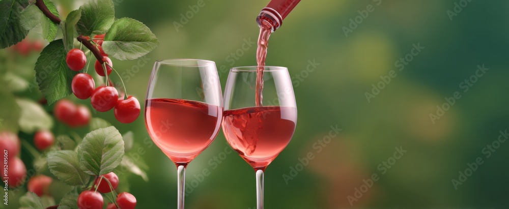Obraz premium Enjoying rose wine poured into glasses next to juicy cherries in a lively outdoor tasting