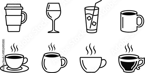 Collection of beverage icons including coffee cups, wine glass, iced drink, and mugs, minimal line art style, modern outline illustration set