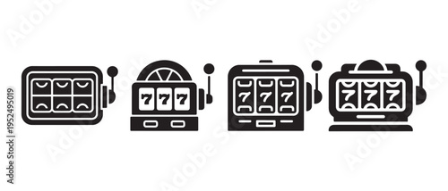 Black Silhouette Slot Machine Icons with Various Designs for Casino Gaming and Gambling Concepts in Flat Vector Style.
