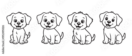 Adorable cartoon puppies sit in a row, clean black and white line art illustration.