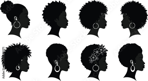 African woman profile silhouettes collection with natural afro hairstyles, black female beauty portraits, elegant hairstyle illustration set