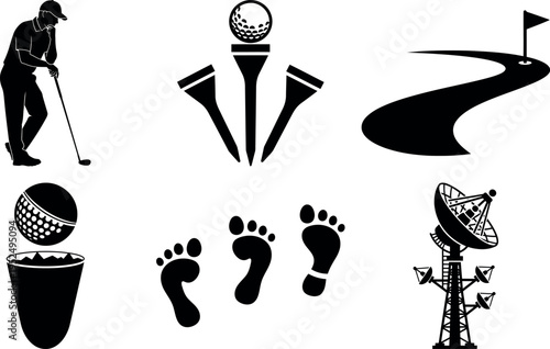 Collection of golf and footprints with satellite dish icons isolated illustration set