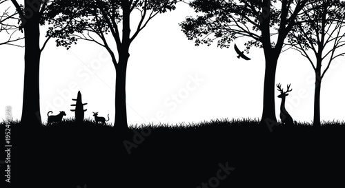 Forest wildlife silhouette landscape with trees deer birds and animals, nature scene illustration, woodland environment background, black silhouette vector design
