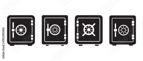 Modern Black Safe Icons with Combination Locks and Handles on White, Symbolizing Security and Financial Protection.
