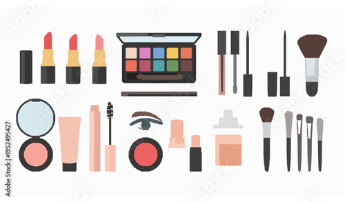 Decorative cosmetics vector set with lipstick mascara brushes eyeshadow palette and makeup tools isolated on white