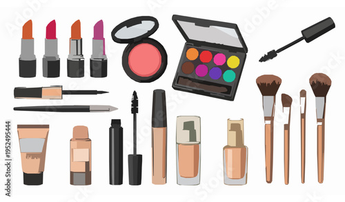 Colorful decorative cosmetics collection with lipstick eyeshadow mascara foundation and makeup brushes vector illustration