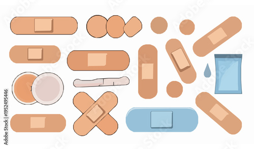 Assorted adhesive bandages vector illustration with various medical plaster shapes isolated on white