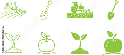 Agricultural icons depicting farming and gardening tools and produce