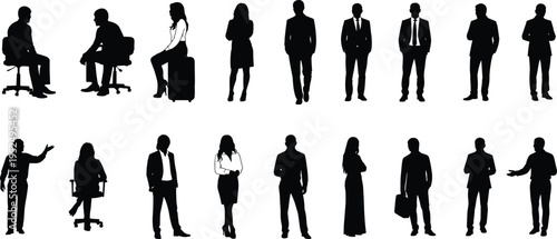 Business people silhouettes collection, professional men and women standing, sitting and talking, corporate team characters isolated illustration for office workplace concept