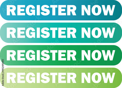 Register now button set, call to action web elements with green and teal gradients for ui design