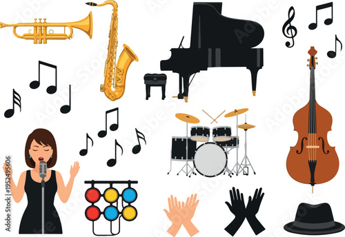 Collection of musical instruments and elements, including a trumpet, saxophone, piano, drums, double bass, singer, music notes, and hat