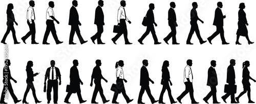 Business people walking silhouettes collection, professional men and women with briefcase and bags, corporate commuters isolated illustration set