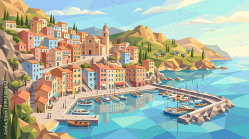 A vibrant, low-poly vector illustration of a charming Mediterranean coastal village with colorful houses on a cliff overlooking a sunny harbor with boats.
