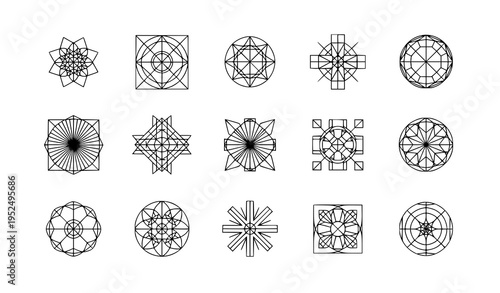 Geometric symmetric shapes vector set with abstract centered symbols for modern design elements