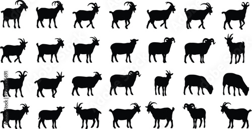 Goat silhouette collection, farm animal poses including standing, walking and grazing goats, livestock agriculture illustration set